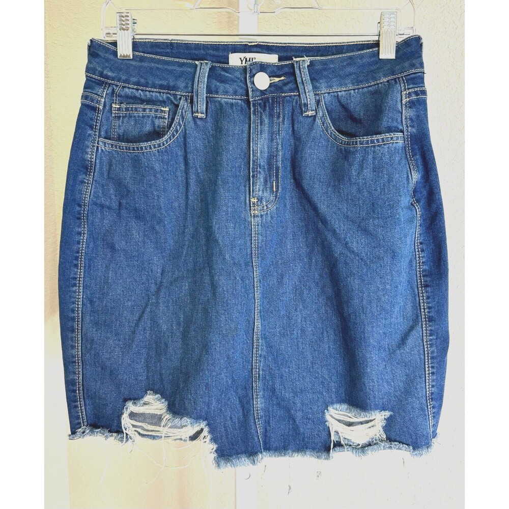 YMI Dream Fit Denim Mini Skirt Raw Hem Distressed Jean Pockets Stretch Blue 9/29